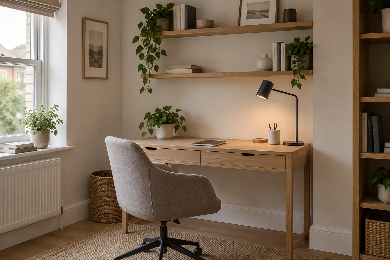 Home office inspiration with an oak desk and desk chair